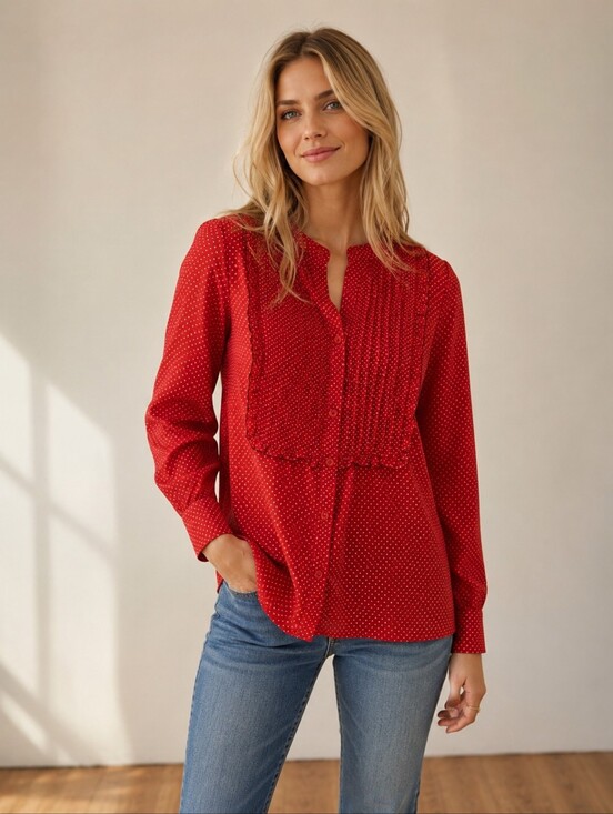 J. Crew Tops - ❤ J CREW RED PINTUCK RUFFLE BIB BUTTON DOWN POLKA DOT TOP / SHIRT, 4